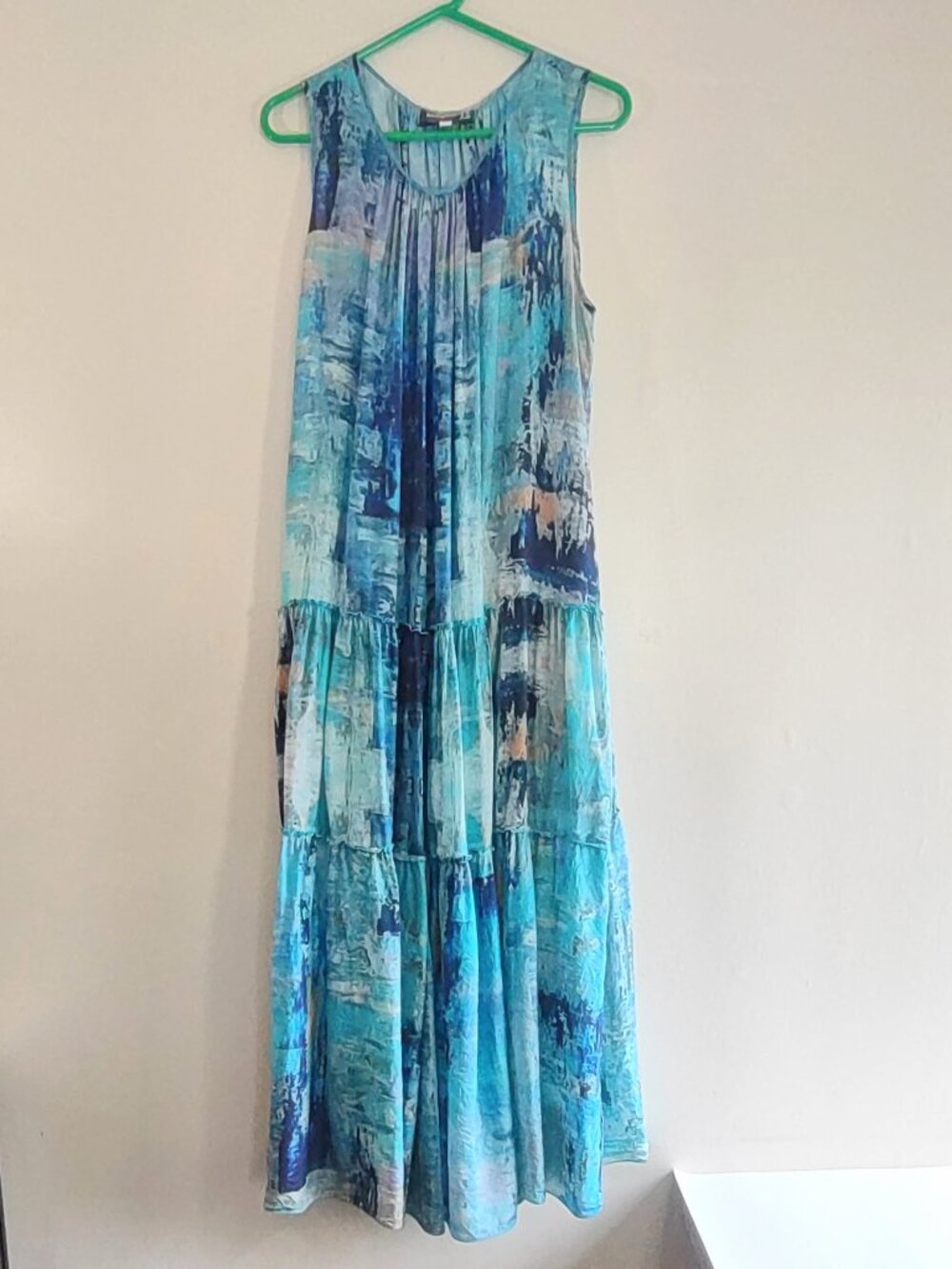 Johnny Was Mint Tiered Silk Maxi Dress Size Large Sea Blue Boho Chic Beach - Picture 4 of 15